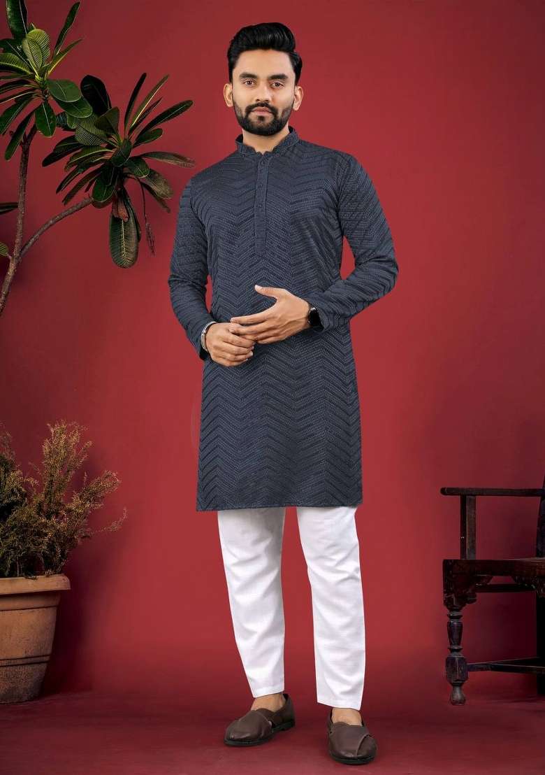 Liight Black Embroidered Viscose Kurta Set For Men - Indya