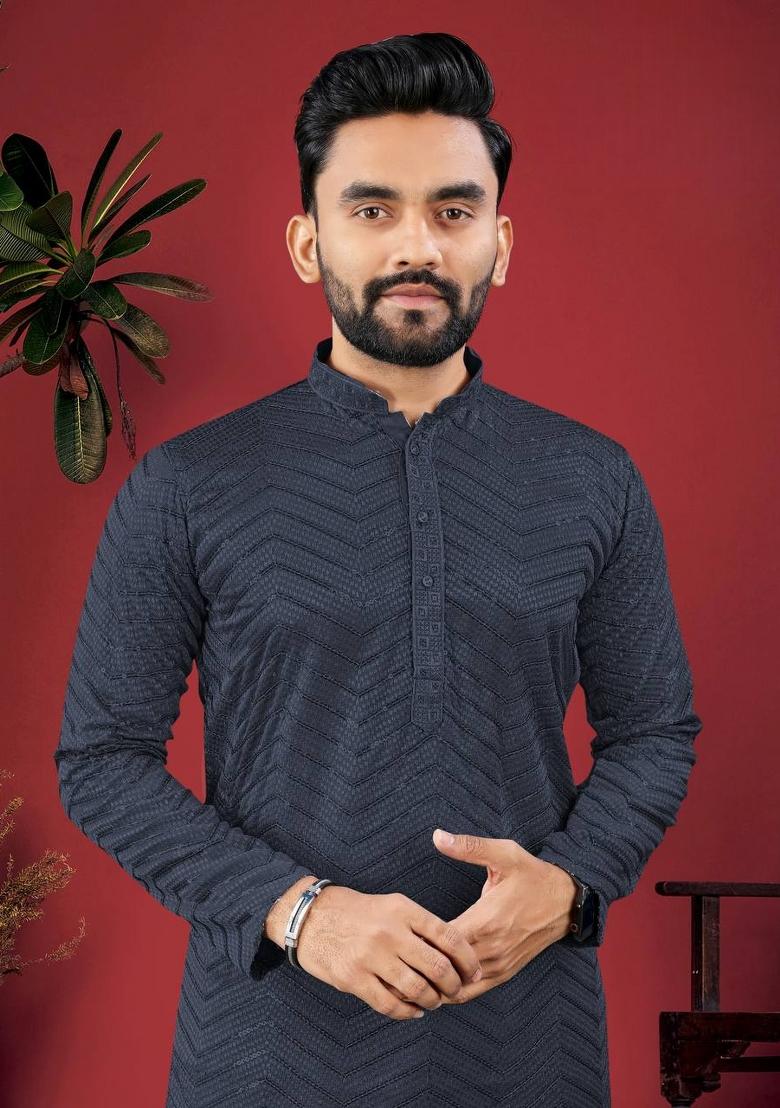 Liight Black Embroidered Viscose Kurta Set For Men