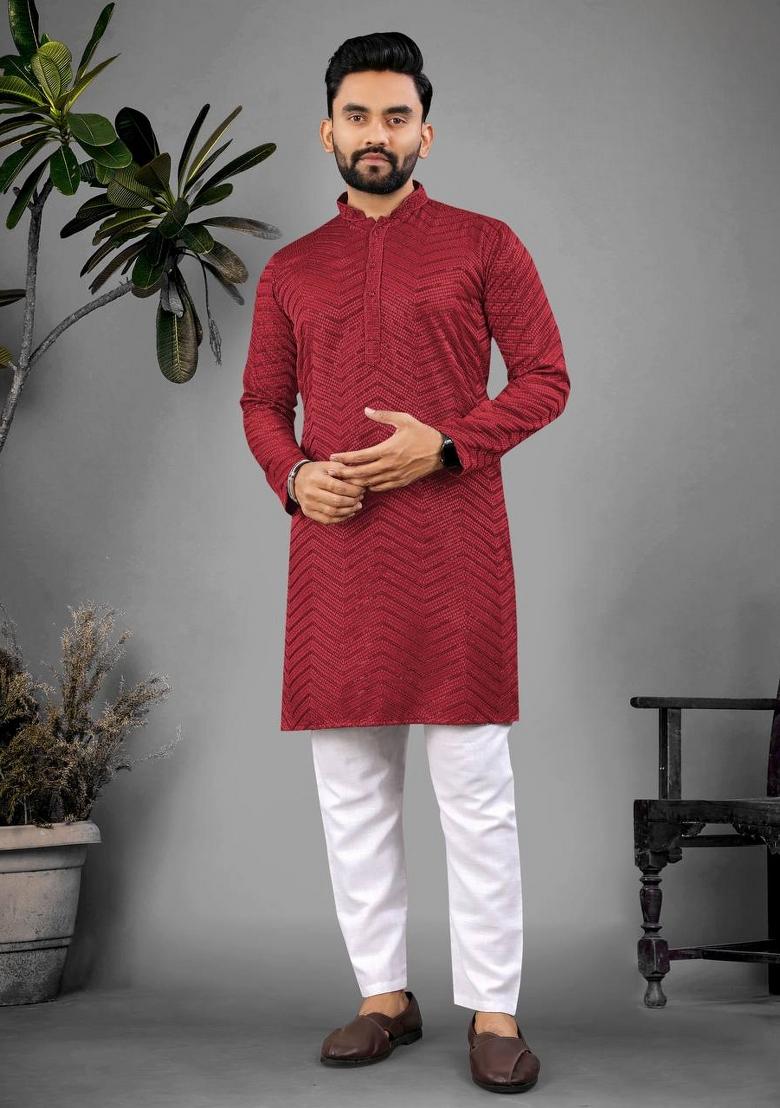 Red Embroidered Viscose Kurta Set For Men
