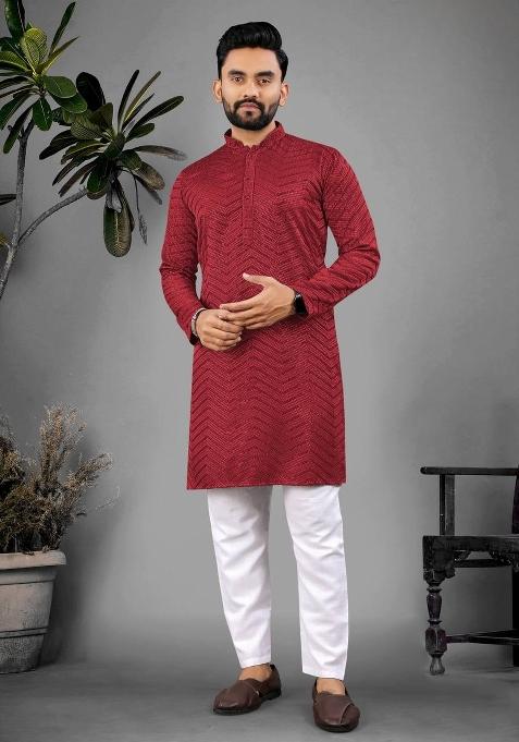 Red Embroidered Viscose Kurta Set For Men