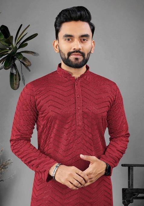 Red Embroidered Viscose Kurta Set For Men