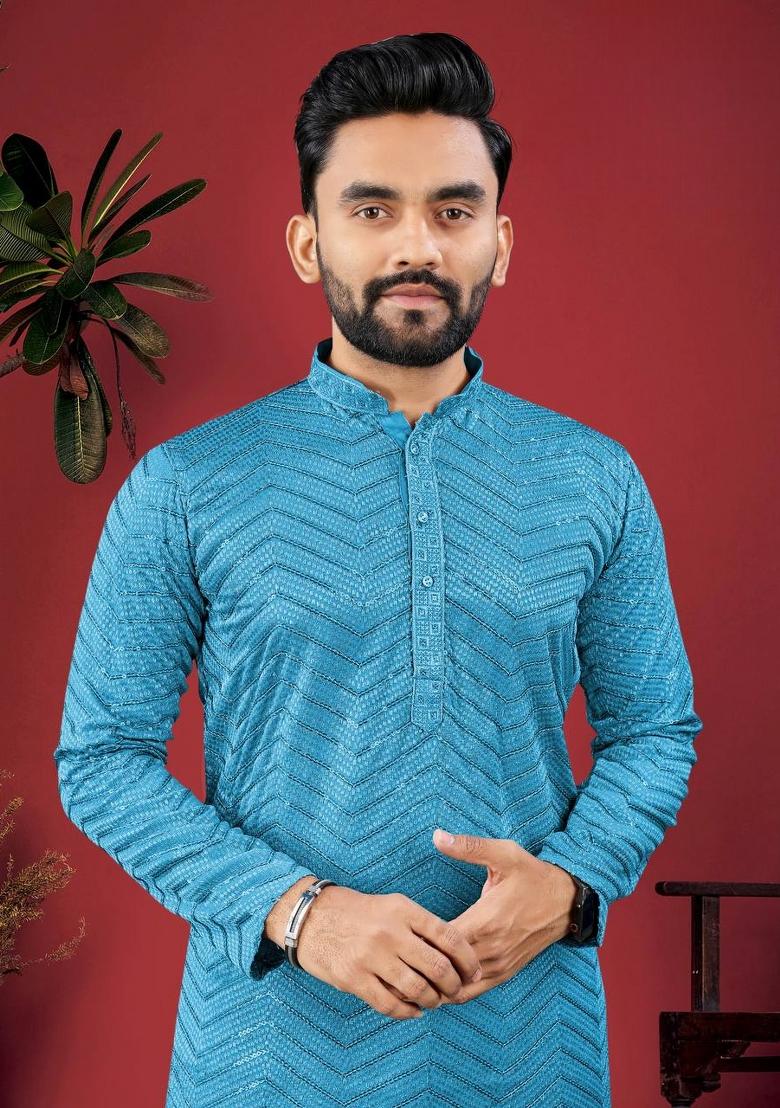 Turquoise Blue Embroidered Viscose Kurta Set For Men