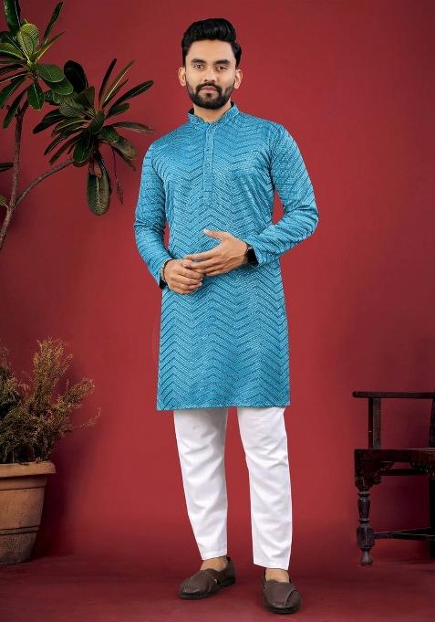 Turquoise Blue Embroidered Viscose Kurta Set For Men