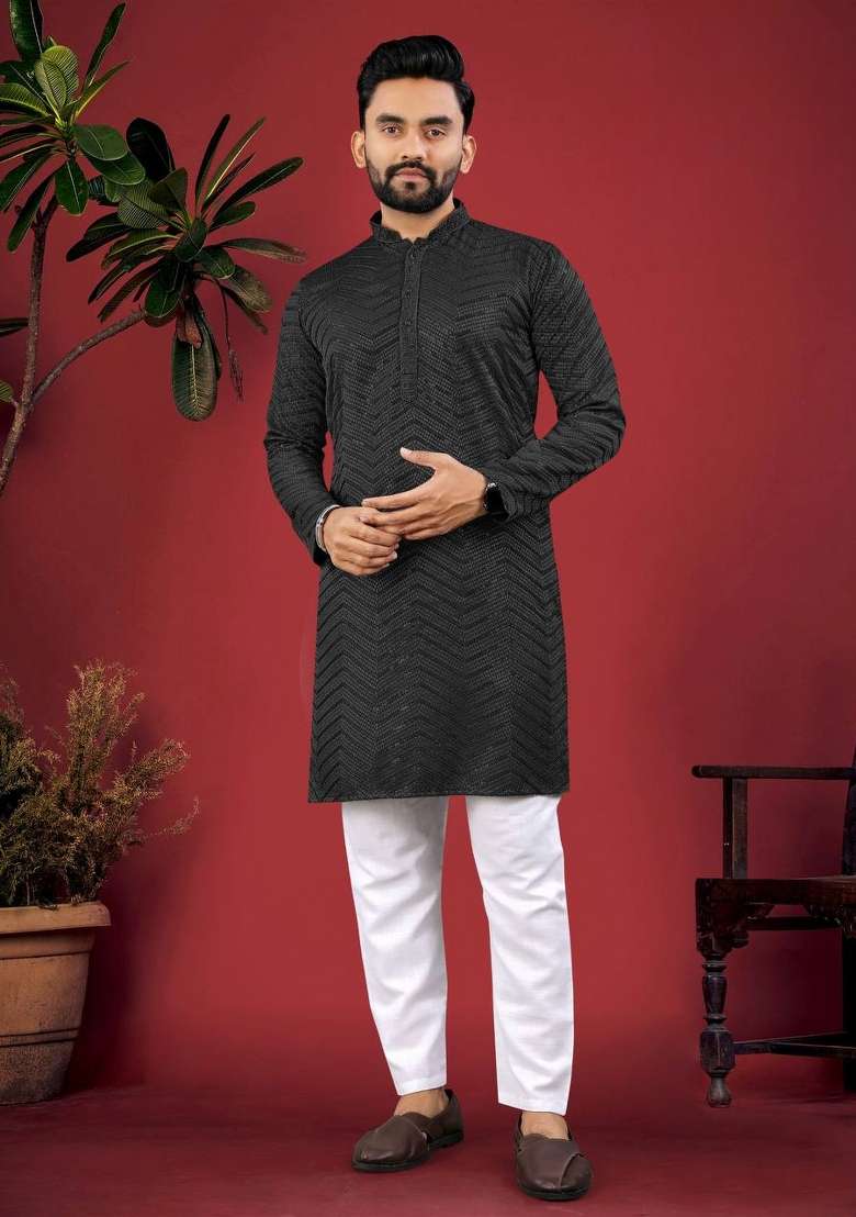 Dark Black Embroidered Viscose Kurta Set For Men - Indya