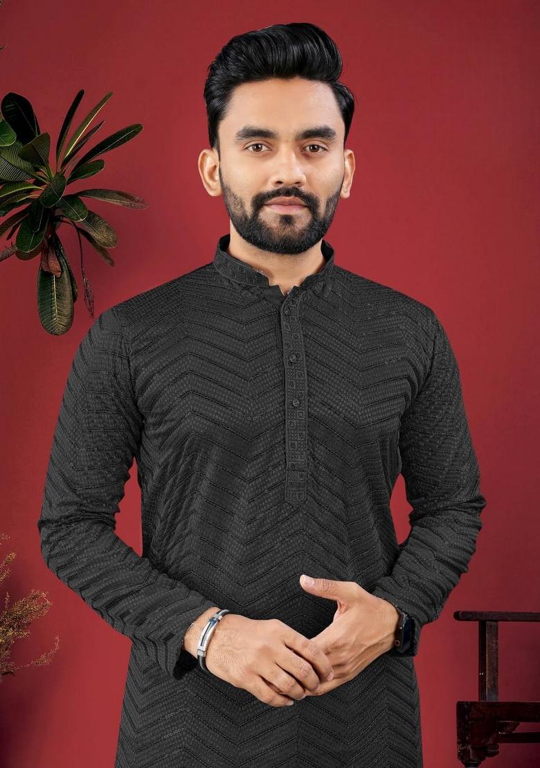Dark Black Embroidered Viscose Kurta Set For Men