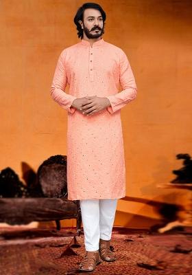 Orange Embroidered Cotton Kurta Set For Men
