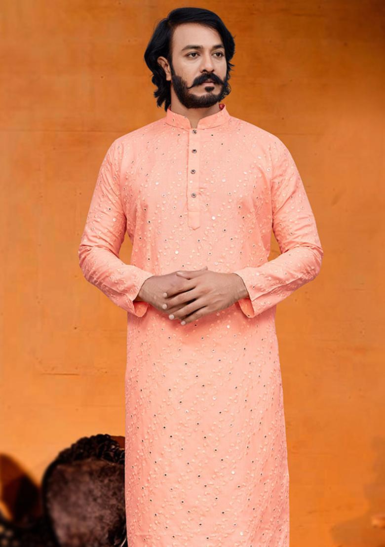 Orange Embroidered Cotton Kurta Set For Men