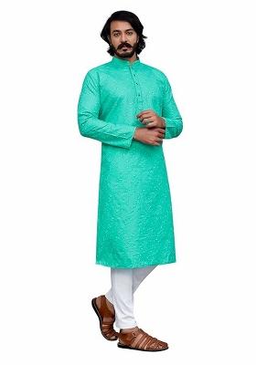 Sea Green Embroidered Cotton Kurta Set For Men