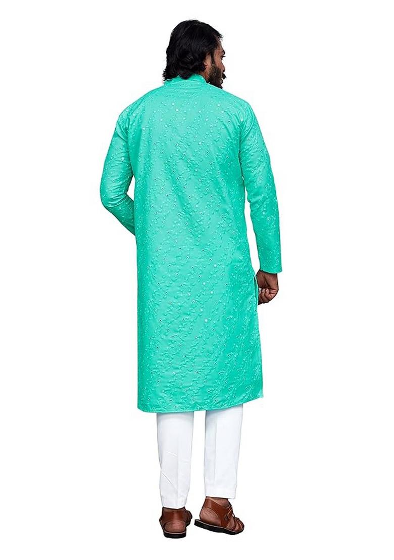 Sea Green Embroidered Cotton Kurta Set For Men