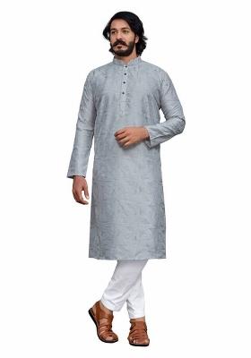 Grey Embroidered Cotton Kurta Set For Men