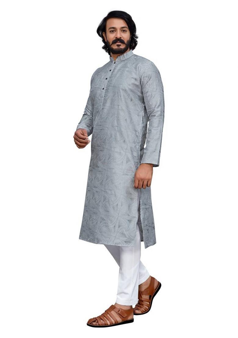 Grey Embroidered Cotton Kurta Set For Men