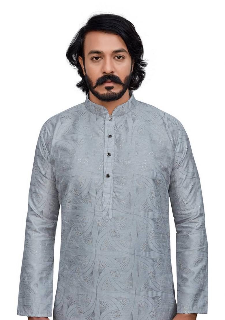 Grey Embroidered Cotton Kurta Set For Men