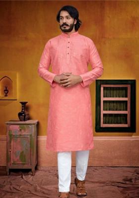 Peach Embroidered Cotton Kurta Set For Men