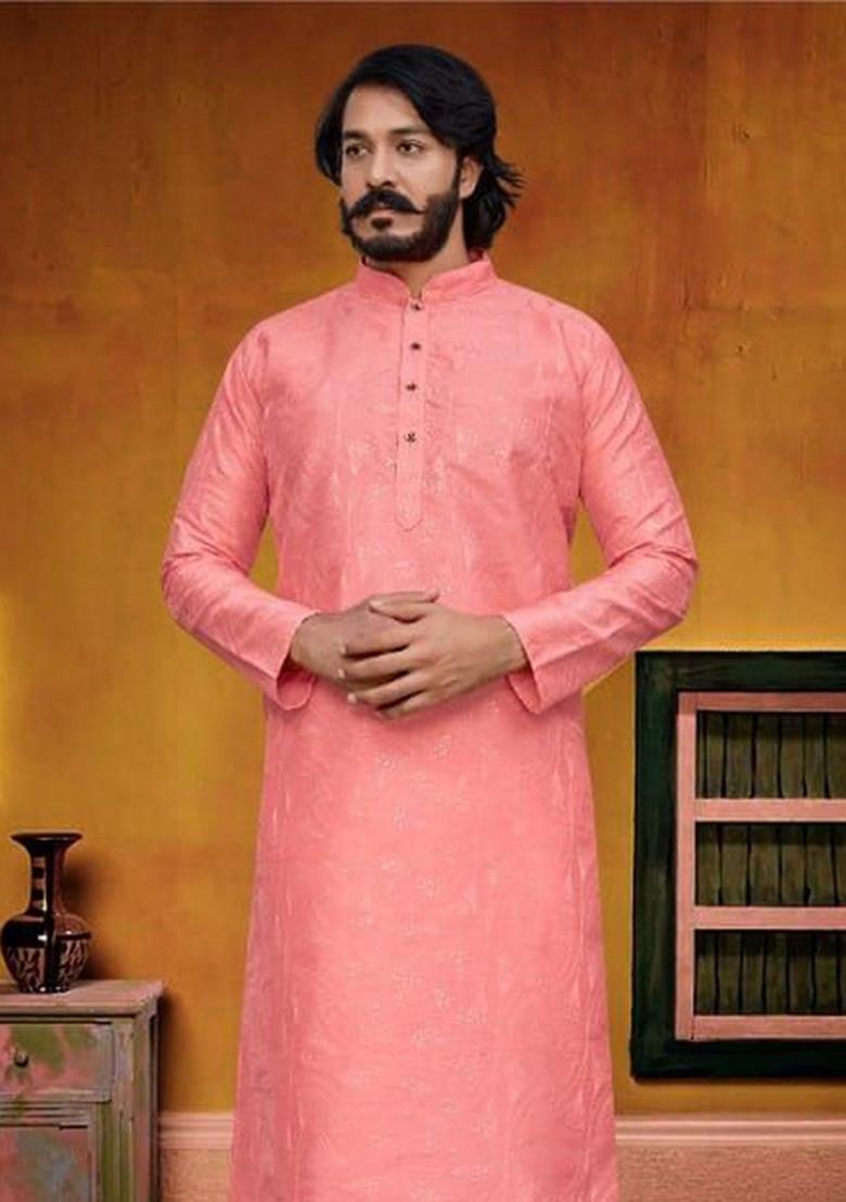 Peach Embroidered Cotton Kurta Set For Men