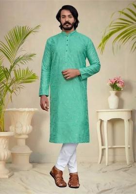 Teal Green Embroidered Cotton Kurta Set For Men