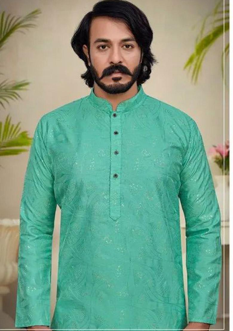 Teal Green Embroidered Cotton Kurta Set For Men