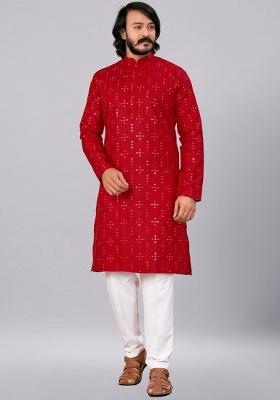 Red Embroidered Cotton Kurta Set For Men