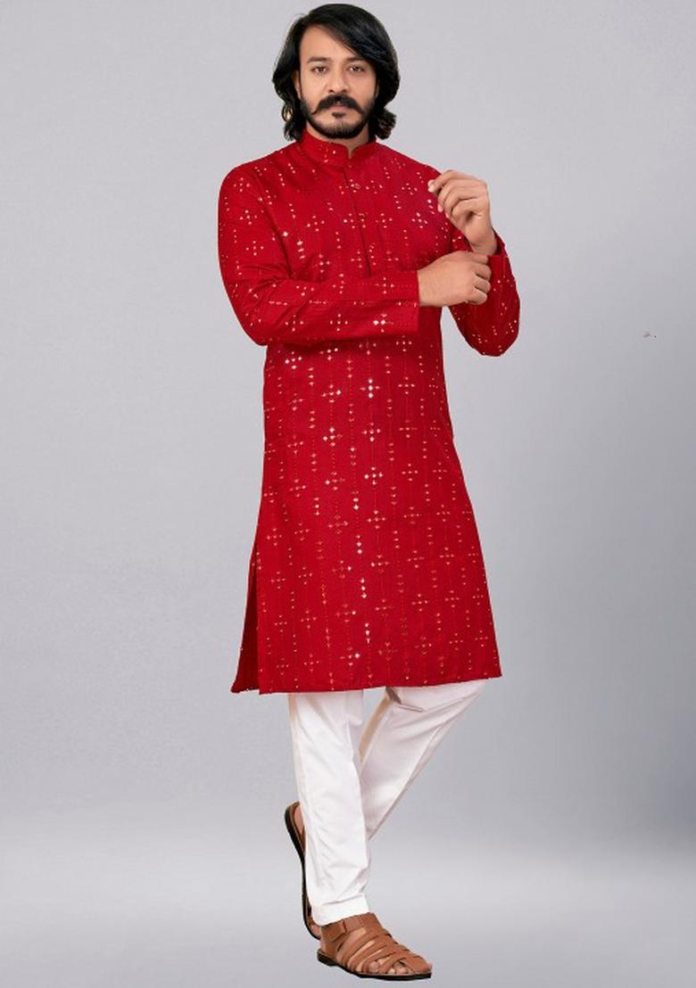 Red Embroidered Cotton Kurta Set For Men