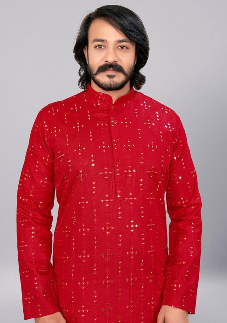 Red Embroidered Cotton Kurta Set For Men
