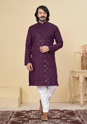 Purple Embroidered Cotton Kurta Set For Men