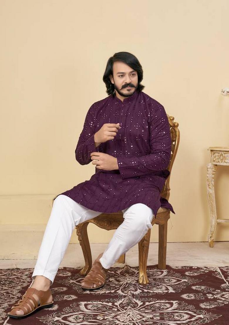 Purple Embroidered Cotton Kurta Set For Men
