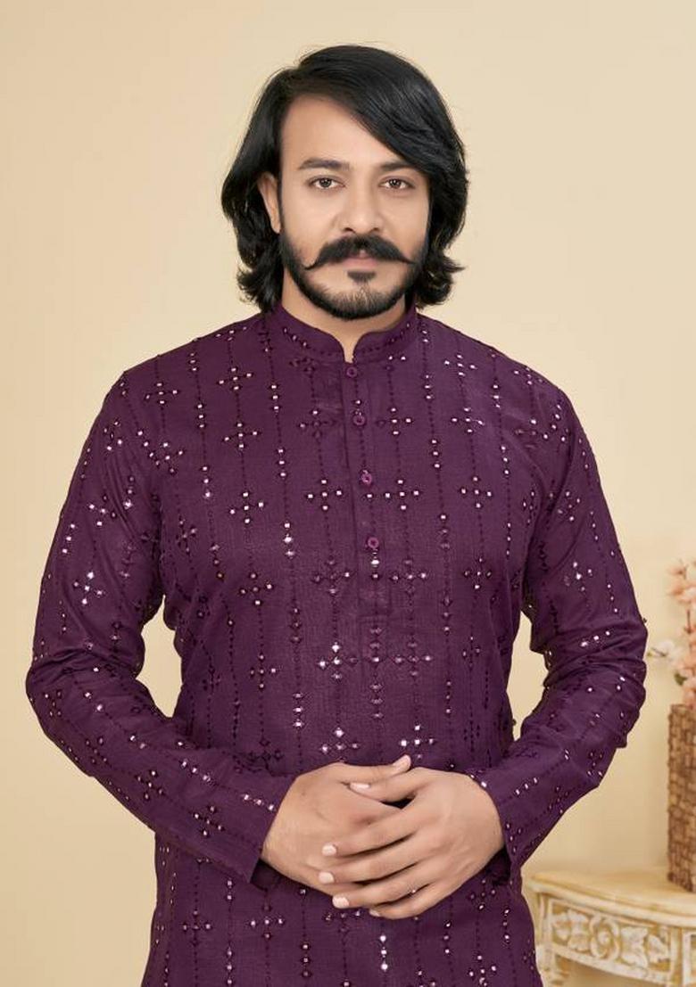 Purple Embroidered Cotton Kurta Set For Men