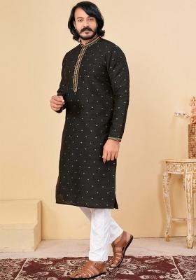 Black Embroidered Cotton Kurta Set For Men