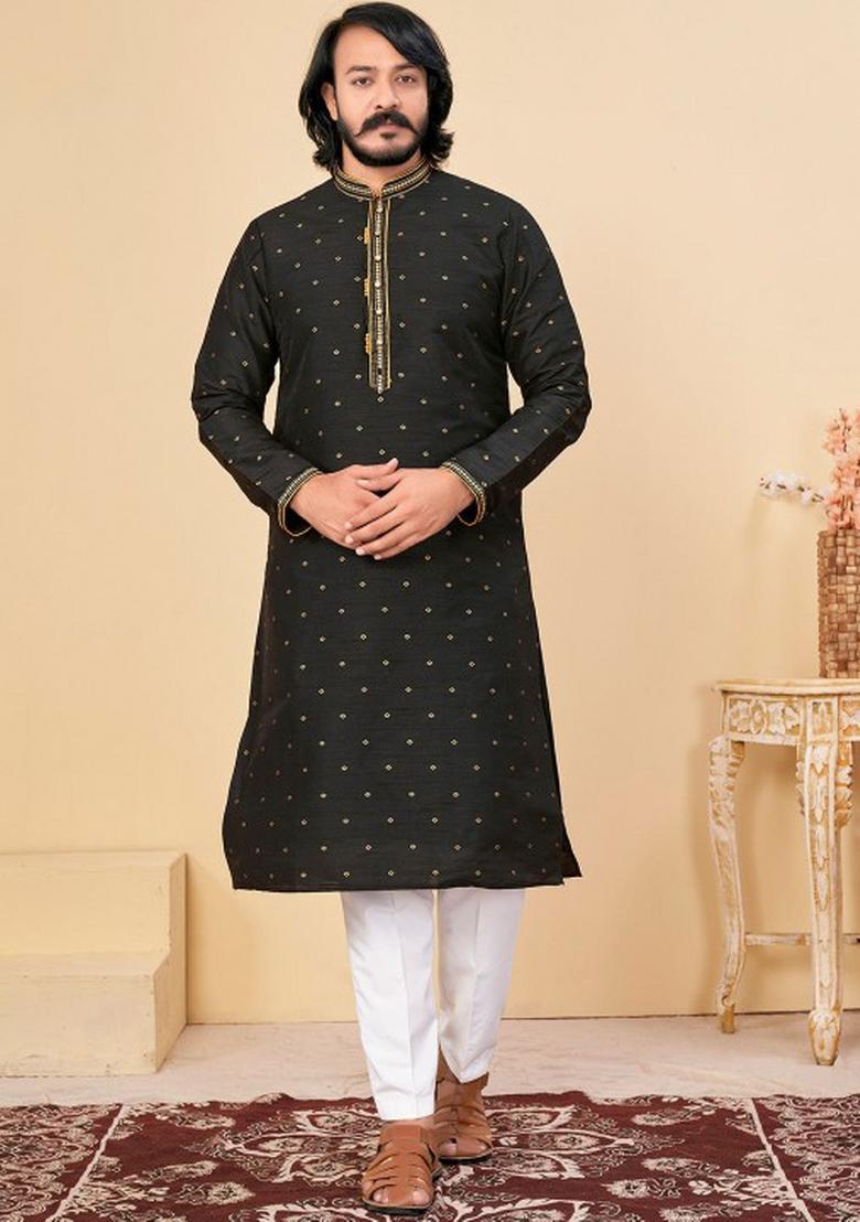 Black Embroidered Cotton Kurta Set For Men