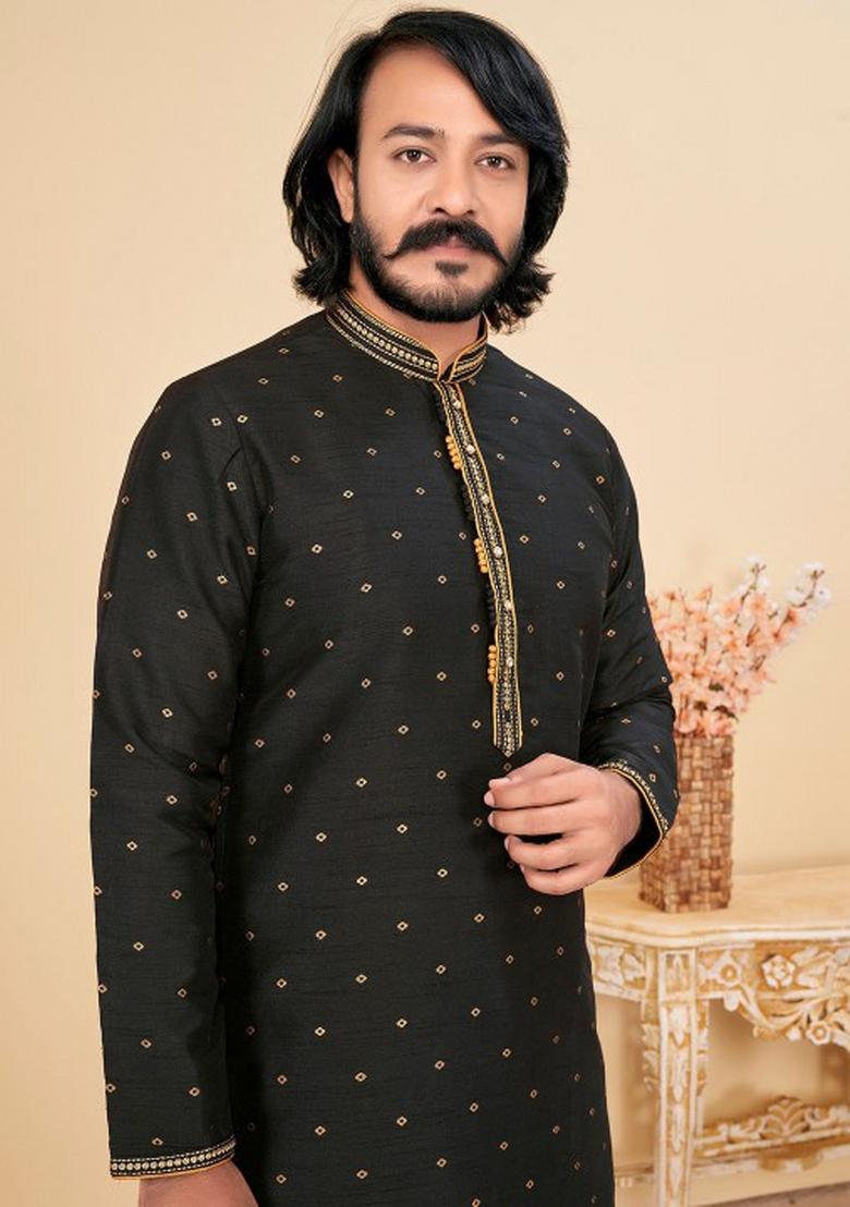 Black Embroidered Cotton Kurta Set For Men