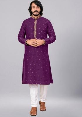 Violet Embroidered Cotton Kurta Set For Men