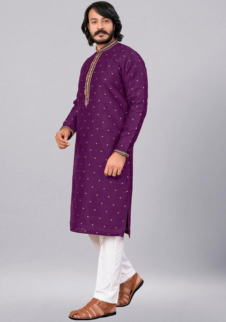Violet Embroidered Cotton Kurta Set For Men