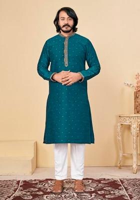 Rama Green Embroidered Cotton Kurta Set For Men