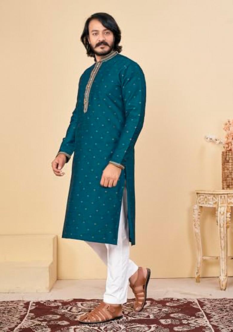 Rama Green Embroidered Cotton Kurta Set For Men