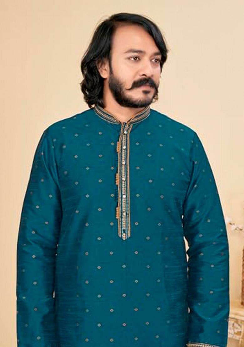 Rama Green Embroidered Cotton Kurta Set For Men