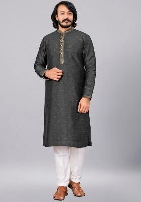 Met Black Embroidered Cotton Kurta Set For Men
