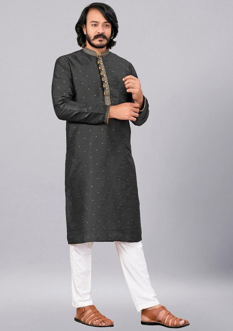 Met Black Embroidered Cotton Kurta Set For Men