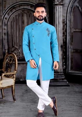 Blue Embroidered Cotton Kurta Set For Men