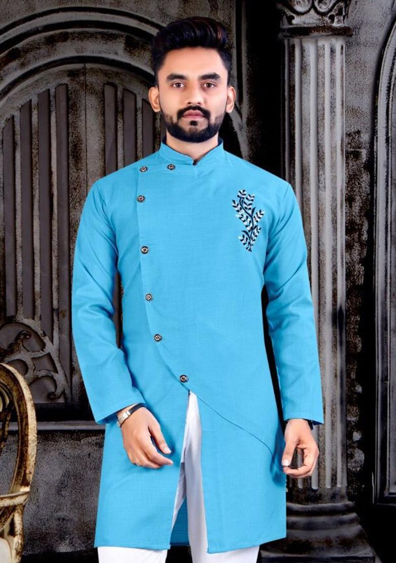 Blue Embroidered Cotton Kurta Set For Men