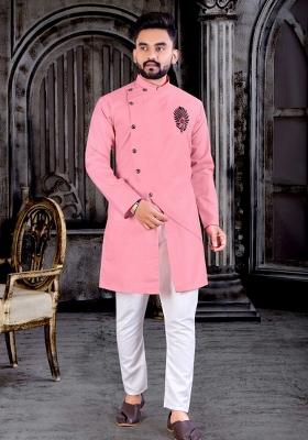 Pink Embroidered Cotton Kurta Set For Men