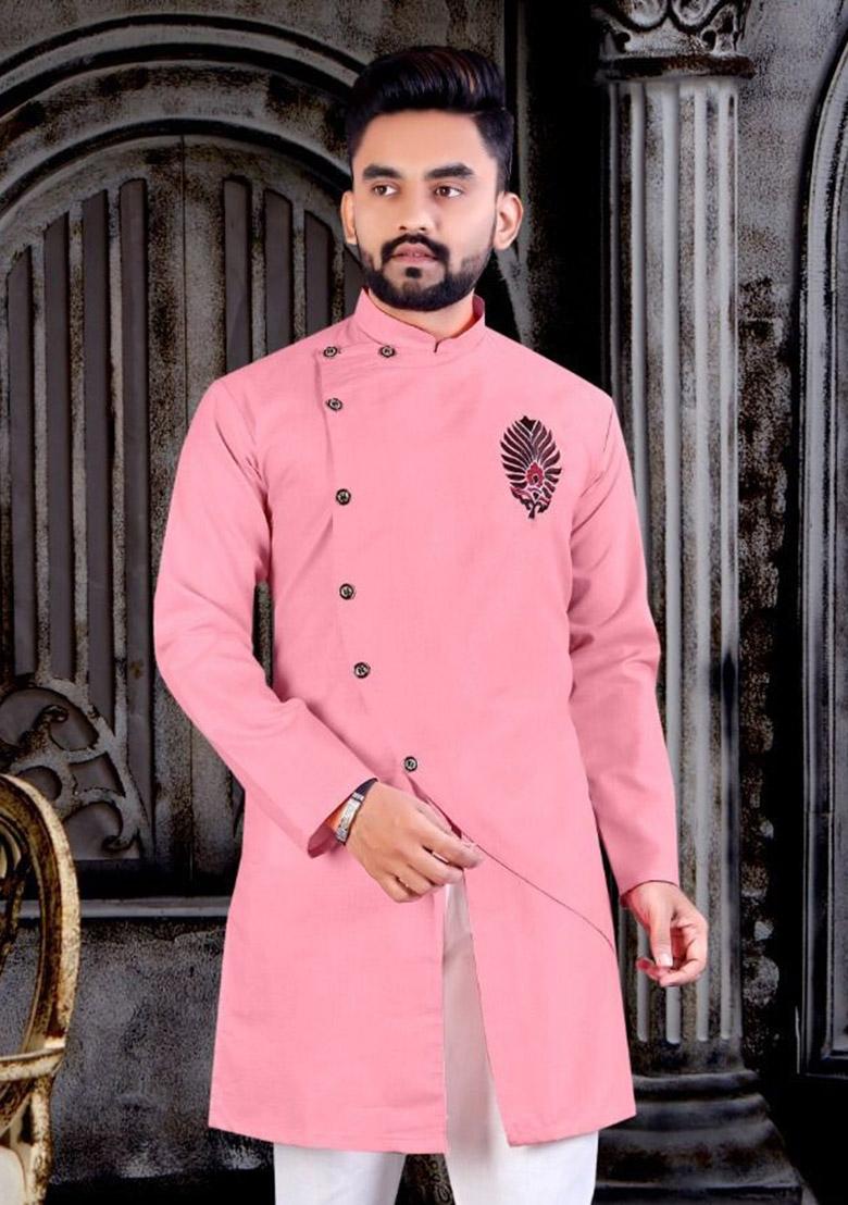 Pink Embroidered Cotton Kurta Set For Men