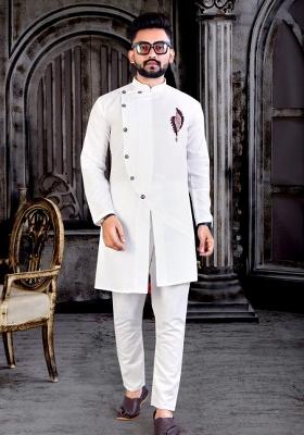 White Embroidered Cotton Kurta Set For Men