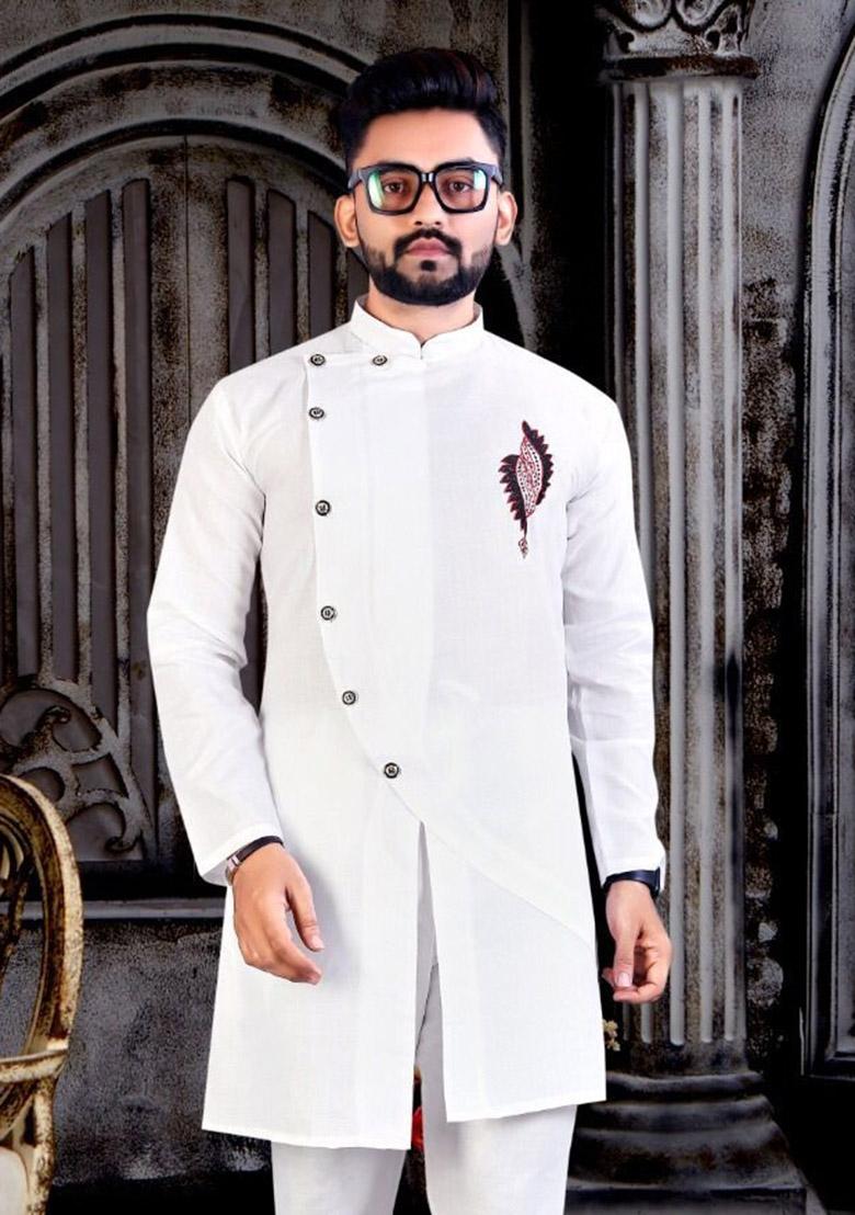 White Embroidered Cotton Kurta Set For Men