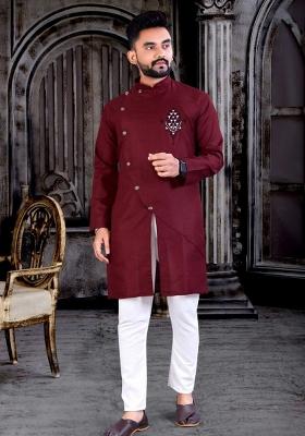 Maroon Embroidered Cotton Kurta Set For Men