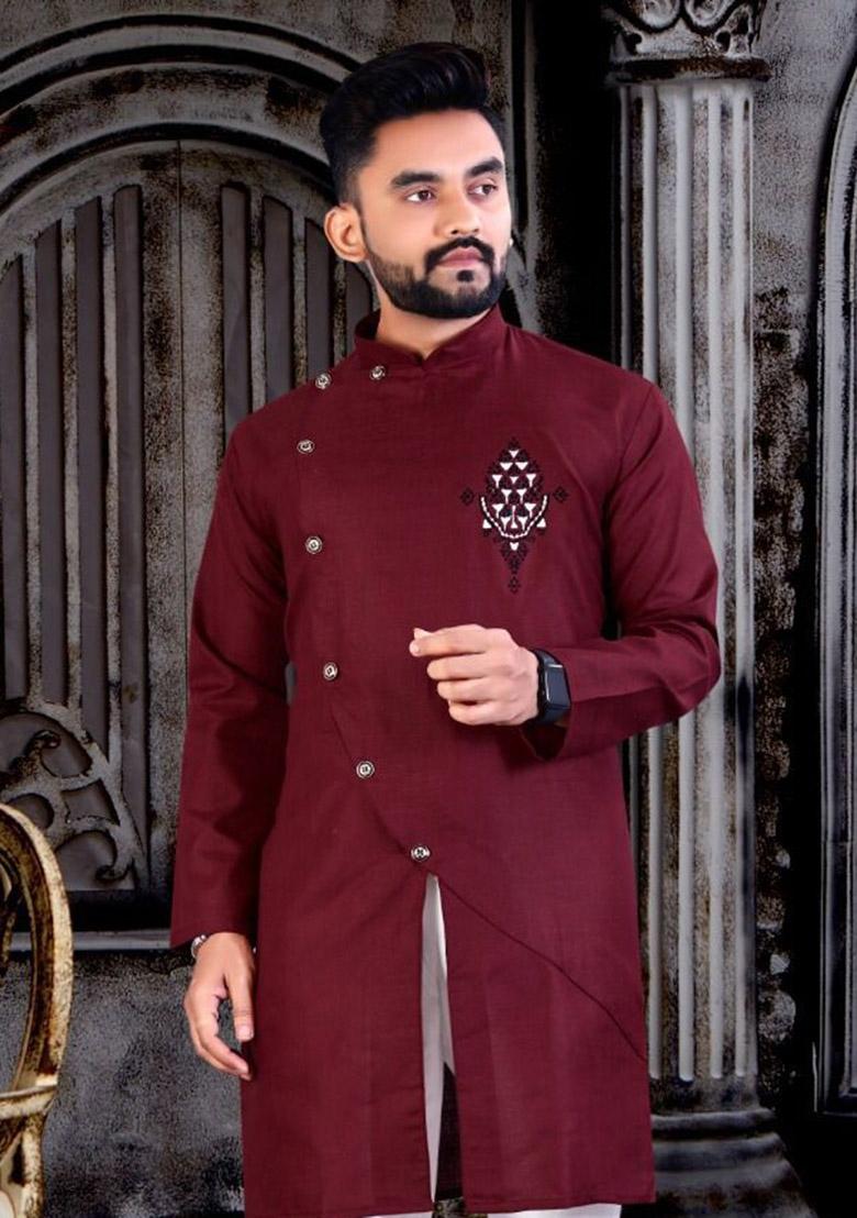 Maroon Embroidered Cotton Kurta Set For Men