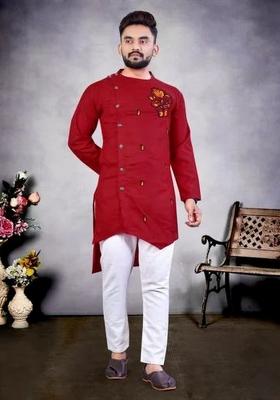 Red Embroidered Cotton Kurta Set For Men