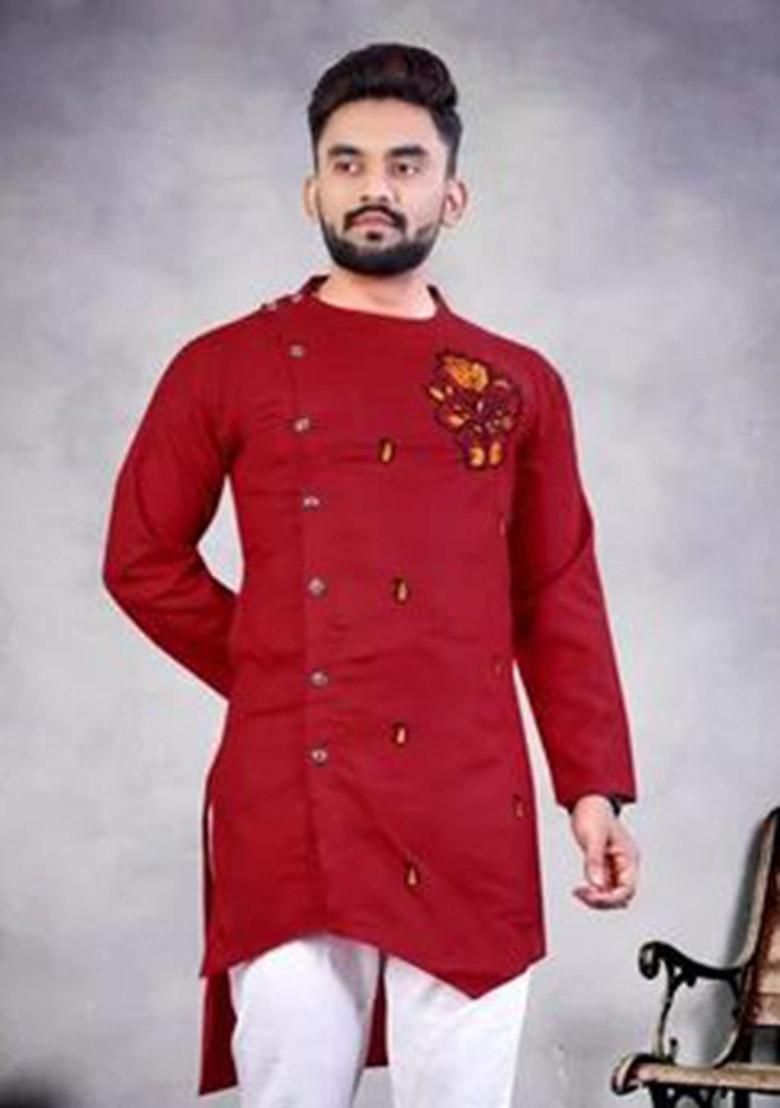 Red Embroidered Cotton Kurta Set For Men