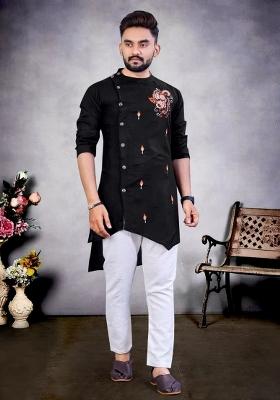 Black Embroidered Cotton Kurta Set For Men