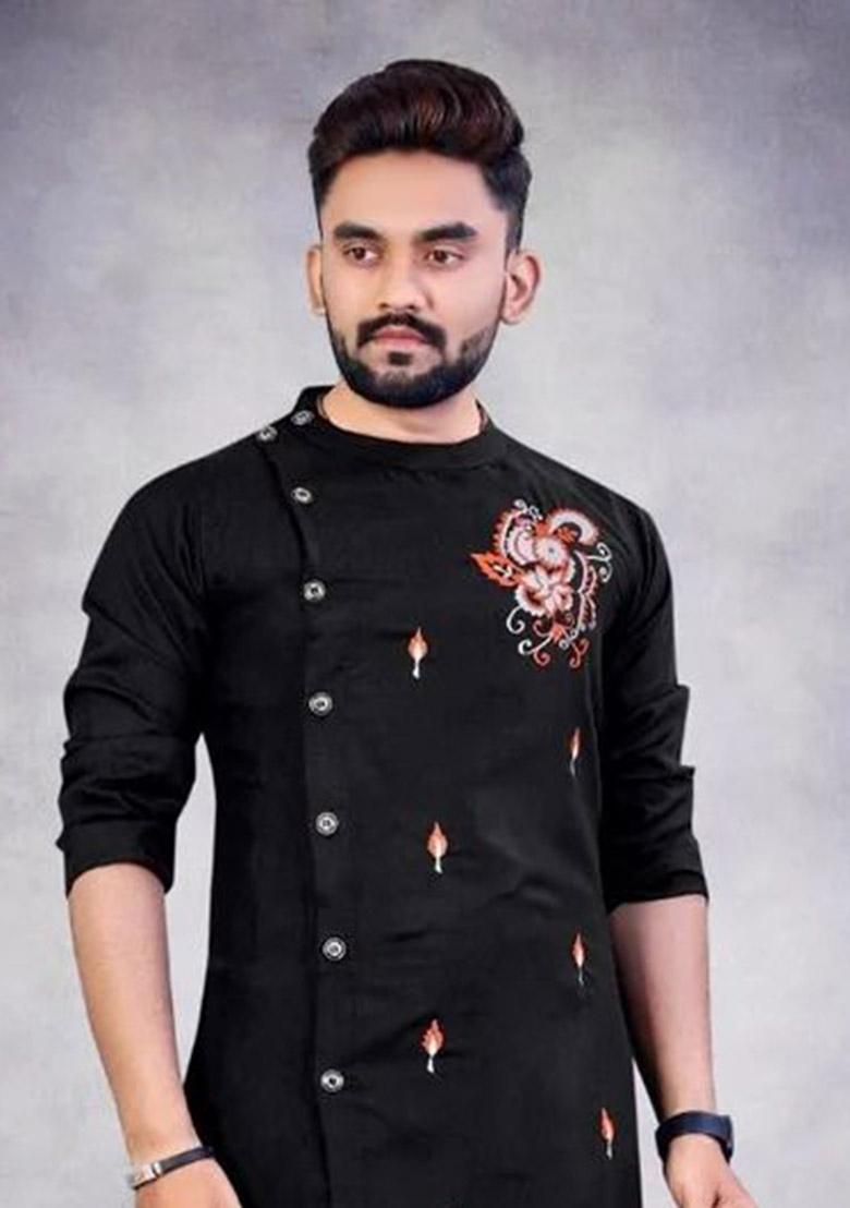 Black Embroidered Cotton Kurta Set For Men