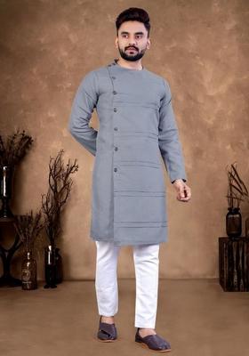 Grey Solid Cotton Kurta Set For Men