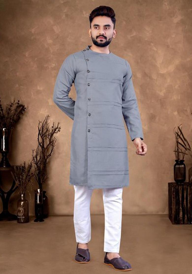 Grey Solid Cotton Kurta Set For Men